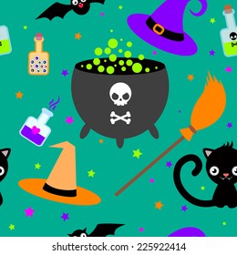 Seamless bright pattern with cartoon elements of witchcraft and witch  - cauldron of potion, bubbles with venom, black cat, bat, broom, hat