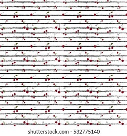 Seamless bright pattern with cherry, on a grid background in the style of the 80s
