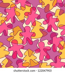 Seamless bright pattern with christmas trees, little men and stars. Vector illustration
