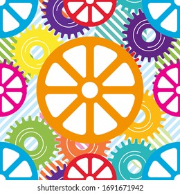 Seamless bright pattern of circles, gears on a light background. for printing on fabrics, t-shirts, packaging, and Wallpaper.