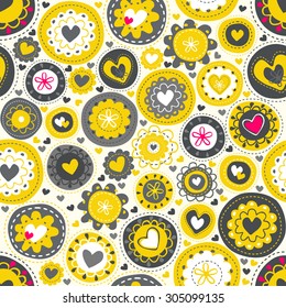 Seamless bright pattern of circles and hearts. It can be used for cloth, jackets , bags , notebooks , cards, envelopes , pads , blankets , furniture
