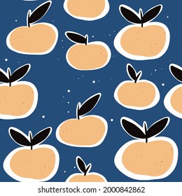 Seamless bright pattern with citrus fruits for fabric, drawing labels, print on t-shirt, wallpaper of children's room, fruit background. Oranges doodle style cheerful on blue  background.