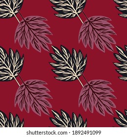 Seamless bright pattern with contoured creative fall leaves shapes. Dark ink background. Decorative backdrop for fabric design, textile print, wrapping, cover. Vector illustration.