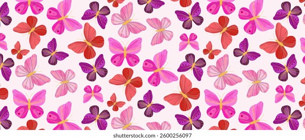 Seamless bright pattern with creative butterflies. Bright butterflies, fashion background. Vector.