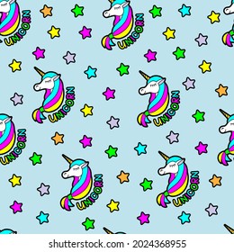 Seamless bright pattern with cute magical unicorns and colorful stars on a blue background