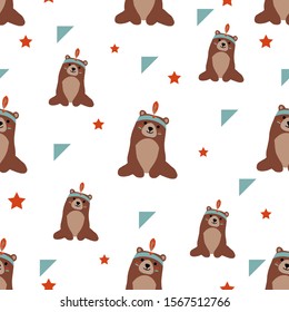 Seamless bright pattern with cute wild bear in cartoon style.