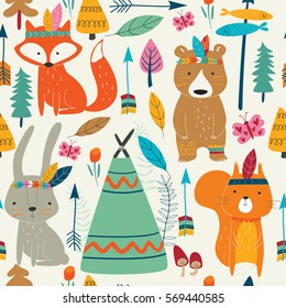 Seamless Bright Pattern With Cute Woodland Tribal Animals In Cartoon Style