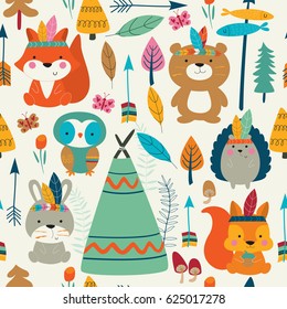 Seamless bright pattern with cute woodland tribal animals in cartoon style