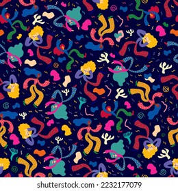 Seamless bright pattern. Dancing doodle girls on blue background. Happy and funny colorful textile and wallpaper