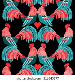 Seamless bright pattern of decorative roosters on a black background