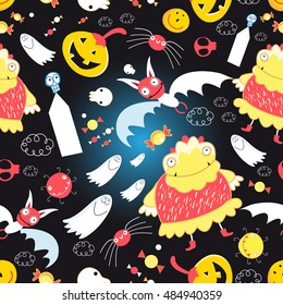 Seamless bright pattern with different characters for Halloween