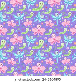 Seamless bright pattern with different kawaii insects - butterfly, caterpillar, dragonfly on a purple background. Vector flat