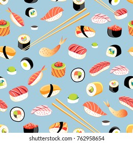 Seamless bright pattern with different sushi on a blue background