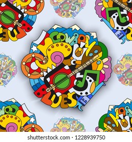 Seamless bright pattern with doodle musical instruments. Blues jazz and country details. For covers, booklets, wallpaper, textiles, wrappers.