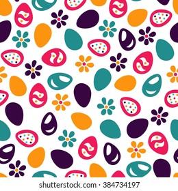 Seamless bright pattern for Easter. The pattern of colored Easter eggs and flowers. Easter background. Hand drawn. Colorful Happy Easter background for greeting card. Seamless vintage pattern. Spring.