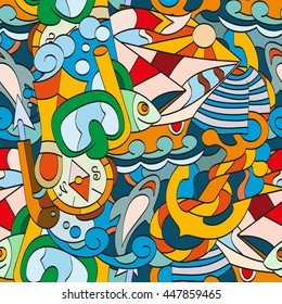 Seamless bright pattern with elements of doodles on the theme a sea voyage, sailing, fishing, summer vacation.