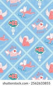 Seamless bright pattern with elements of Valentine's Day: angels, cupids, flowers, birds. Handmade drawing vector illustration. Retro style doodle card.