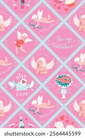 Seamless bright pattern with elements of Valentine's Day: angels, cupids, flowers, birds, hearts, cakes. Handmade drawing vector illustration. Retro style doodle card.