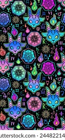 Seamless bright pattern with esoteric animals and symbols