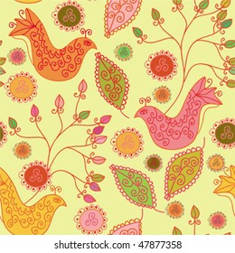 Seamless bright pattern with ethnic birds and flowers