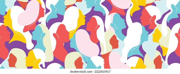 Seamless bright pattern of female silhouettes 2023. The concept of femininity, female solidarity, strength, diversity and freedom. Protection of women's rights