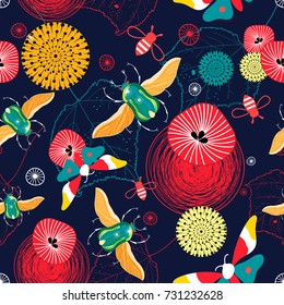 Seamless bright pattern of flying green beetles and butterflies on a dark background
