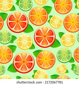Seamless bright pattern with Fresh Citrus for fabric, drawing labels, print on t-shirt, wallpaper of children's room. Slices of lemon, lime, orange, citrus doodle style cheerful background.
