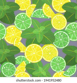 Seamless bright pattern with fresh juicy lemon and lime slices and mint leaves.Suitable for wrapping paper, fabric, cover and other users.Fruit summer background.Vector illustration.