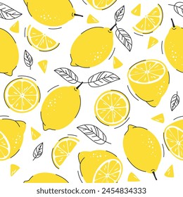 Seamless bright pattern with Fresh lemons. Juicy yellow citruses. Summer vibes, holidays, healthy food, fabric, wallpaper, fruit background