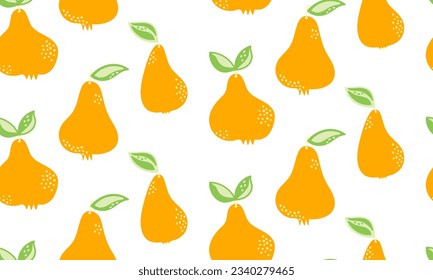 Seamless bright pattern with fresh pears for fabric, drawing labels, kitchen fabrics. Doodle style pears in fruit background