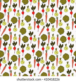 Seamless bright pattern with fresh vegetables. Vector illustration with cabbage, carrot, radish and onion for textile, fabric, wallpaper, web design and other. 