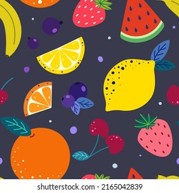 Seamless bright pattern with fruits and berries in random order on a dark background.
