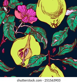 Seamless bright pattern with garden on dark background in vector