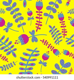 Seamless bright pattern of geometric flowers, plants, twigs in a modern, Scandinavian, ethnic style  for wrapping, textile, print.