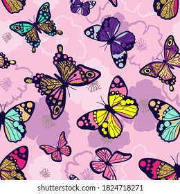 Seamless bright pattern with glitter butterflies. Paints paint, hand drawn butterflies. Pattern for textiles, children's clothes, wrapping. Girlish background