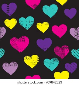 Seamless bright pattern with grunge hearts. Pop art. fashion style  pattern illustration background. Ideal for fabric design, paper print and website backdrop. EPS10 vector file.