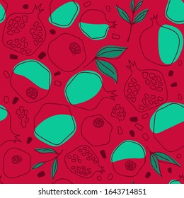 Seamless bright pattern of half, whole garnet fruit. Concept for web, print posters, textile, children clothes, linens dress, fabric in flat style. Vector illustration background.  Red color.