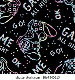 Seamless bright pattern with holographic joysticks. gaming cool print for boys and girls. Suitable for textiles, sportswear, web
