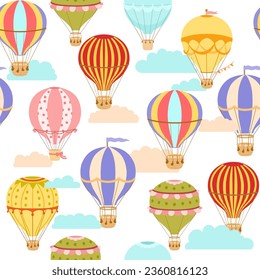 Nahtloses helles Muster mit Heißluftballon und Wolken auf Weiß. Vektorbunter, endloser Hintergrund