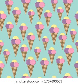 Seamless bright pattern of ice cream on a blue background, color vector illustration, design, decoration, print