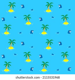 Seamless bright pattern with the image of a cute dolphin and islands with palm trees