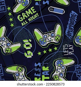 Nahtloses helles Muster mit Joysticks. Gaming cool Print für Jungen und Mädchen. Geeignet für Textilien, Sportbekleidung, Web
