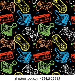 Seamless bright pattern with joysticks, motley gamepads seamless pattern, console gaming print, vector