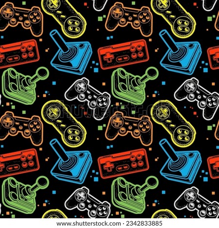 Seamless bright pattern with joysticks, motley gamepads seamless pattern, console gaming print, vector