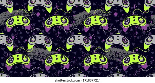 Seamless bright pattern with joysticks. Video game controller gaming cool print for boys and girls. Print for textiles, sportswear.