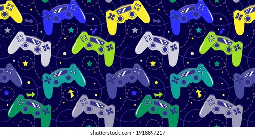 Seamless bright pattern with joysticks. Video game controller gaming cool print for boys and girls. Print for textiles, sportswear.