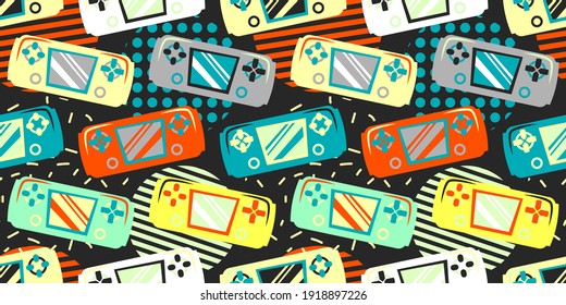 Seamless bright pattern with joysticks. Video game controller gaming cool print for boys and girls. Print for textiles, sportswear.