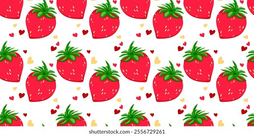 Seamless bright pattern of juicy red strawberries. Vector background without direction summer berry and cute hearts. Endless pattern for textile, packaging, food, wrapper, cards