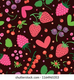 Seamless bright pattern with juicy strawberries, raspberries and hearts.
