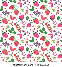 Seamless bright pattern with juicy strawberries, raspberries and hearts.
